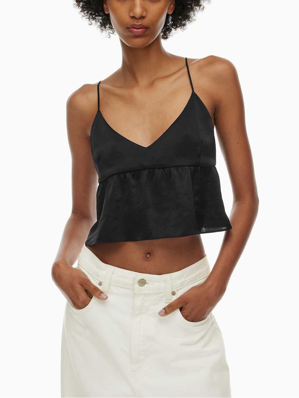 Wilfred Aritzia Lover Black Satin Peplum Babydoll Cami Top V Neck Ruched Y2K